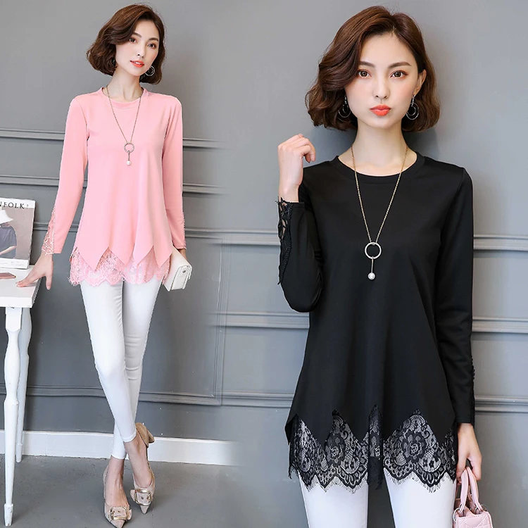 Winter Basic Shirts Blouses Hot Sales Women Fashion Long Sleeve Patchwork Hollow Out Top Pink Black Lace Tunic Blouse 3712 |