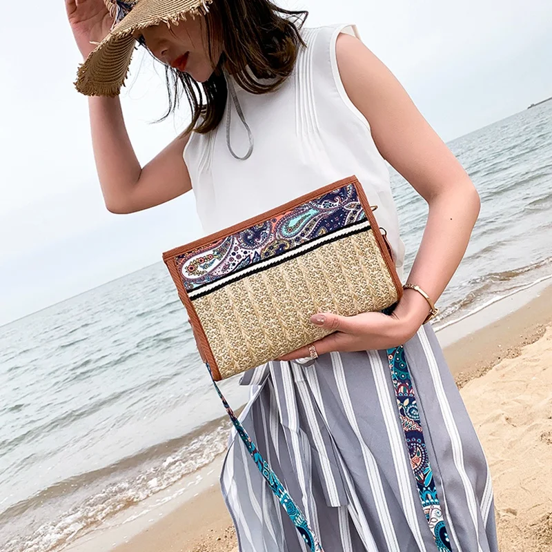 Boho ротанговая сумка Соломенная пляжная Женская этническая через плечо с цветным