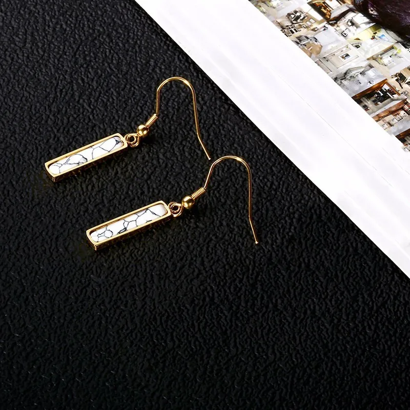RIR Stainless Steel Gold Outline Rectangle White Marble Drop Earrings Natural Artificial Stone Ladies Jewelry | Украшения и