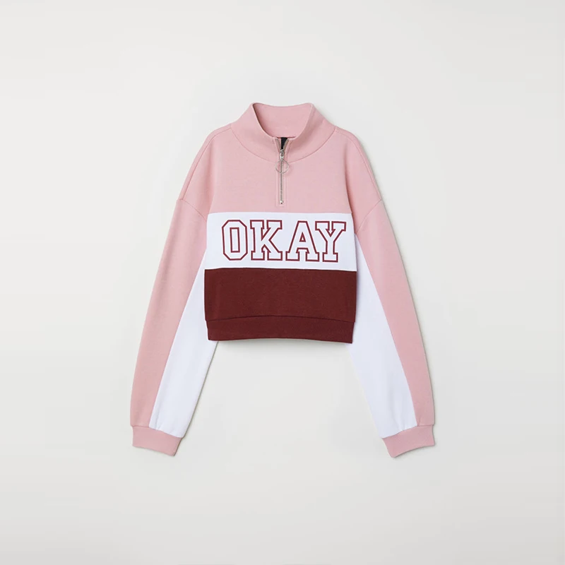 HYH HAOYIHUI 2018 Sports And Leisure College Style Girl Pink Color Stitching Ring Zipper Letter Print Hooded Sweater | Женская одежда