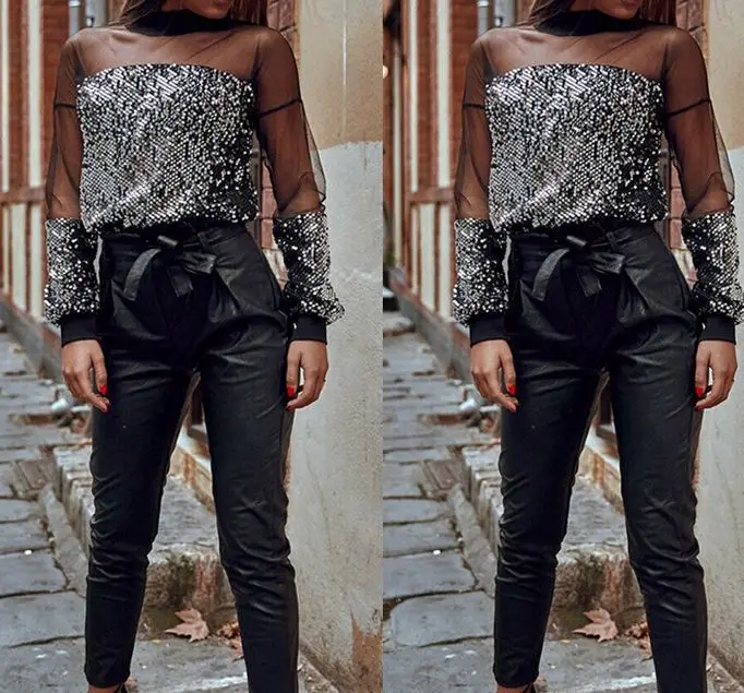 Fashion Sexy Women Gauze Mesh See Through Long Sleeve Paillette Bottoming Shirt | Женская одежда