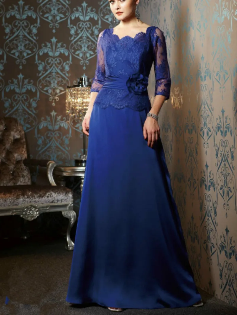 Королевский синий 2019 Мать невесты платья трапециевидной формы шифон Кружева