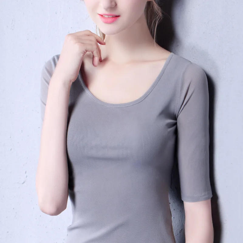 Sexy Chiffon Gauze Shirt Female Solid Color Big Round Neck Top Blouse 2019 Women Fashion Office Lady Slim Tops Bottoming PJ357