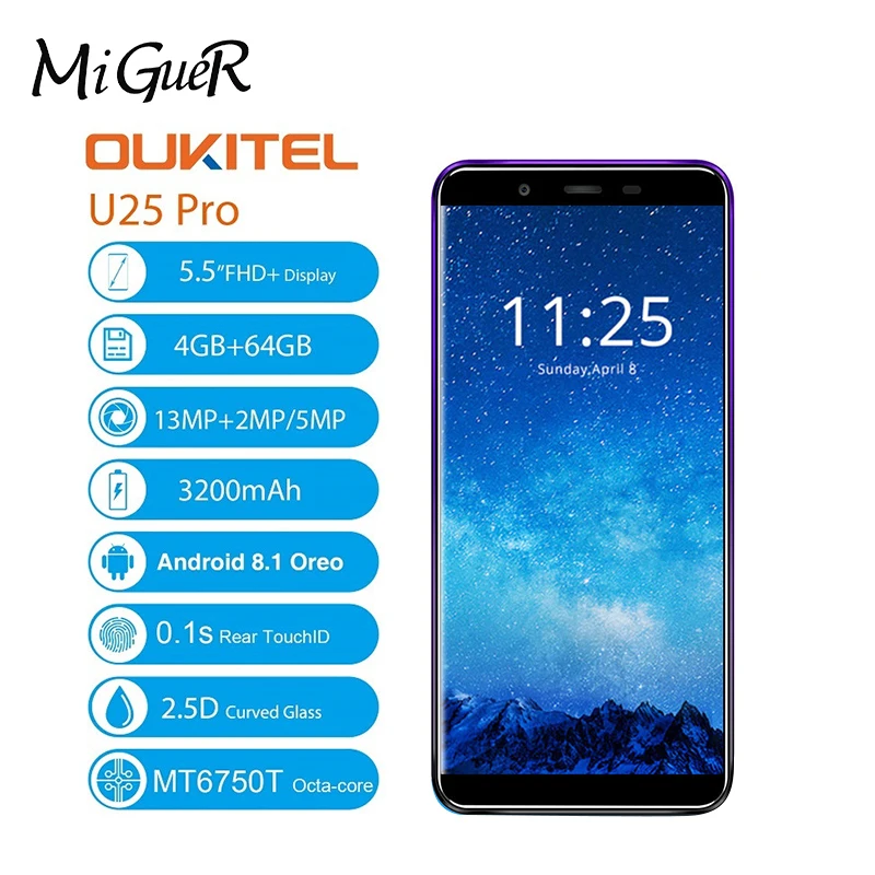 Oukitel U25 Pro 5 дюйма FHD Экран Дисплей Octa Core мобильный телефон 4G + 64G 13MP 5MP 3400 mAh