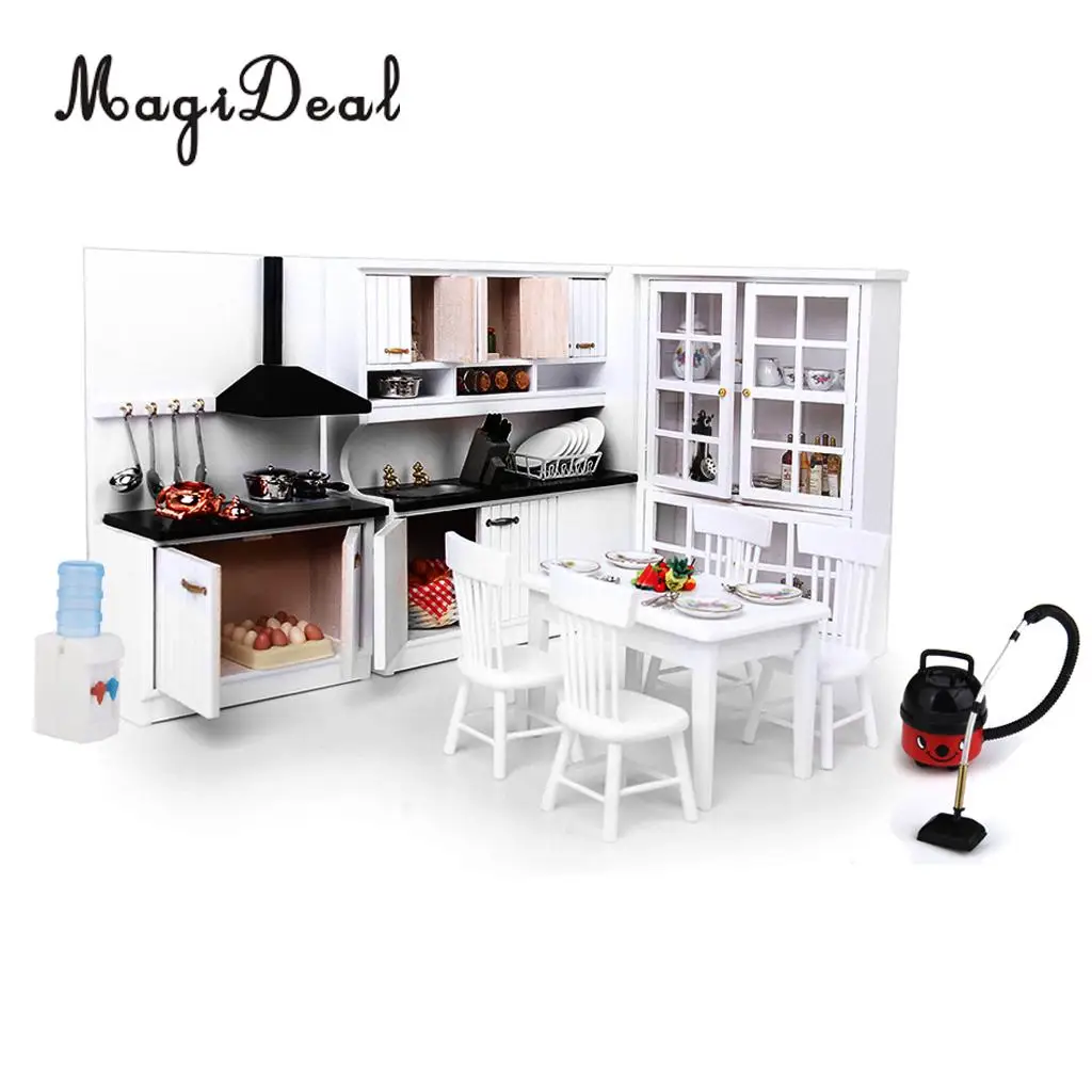 

Handcrafted 1/12 Dollhouse Modern Sense Kitchen Cabinet Set&Silver Metal Wine Set Dining Table Chair Model Accessories Toys