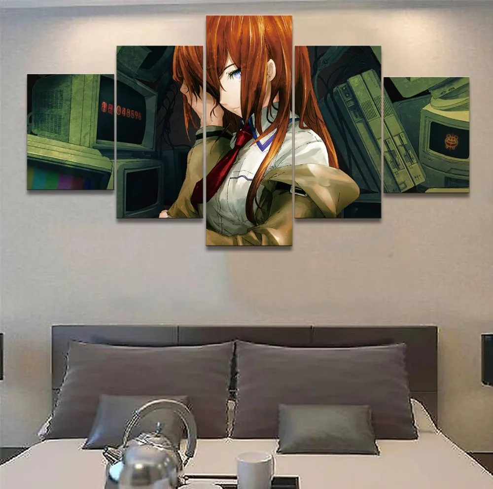 Wall Art 5 панелей аниме Steins Gate компьютер девушка картинки домашний декор Спальня из