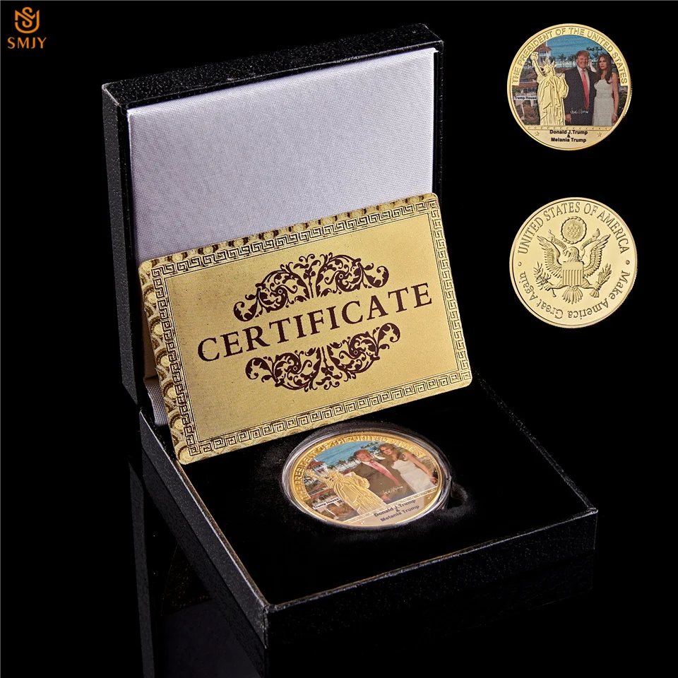 

USA President Donald Trump And First Lady 1OZ Gold/Silver Plated Commemorative Coin Value W/Display Box