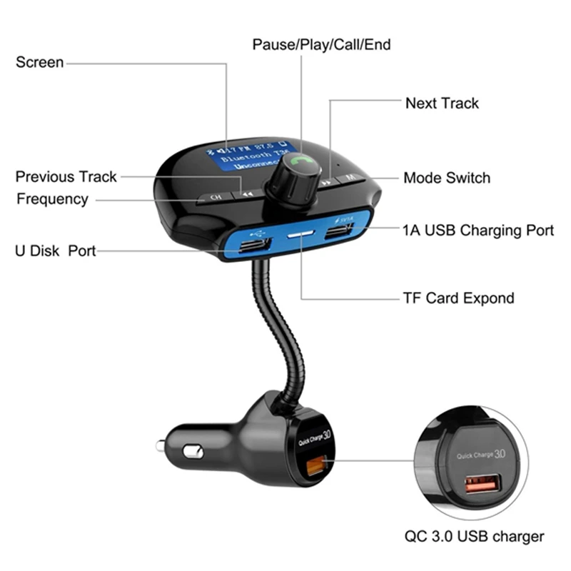 Bluetooth FM Transmitter Car Wireless Radio Adapter Kit Support MP3 Player SD Card Quick Charge 3.0 Dual USB Charger | Автомобили и