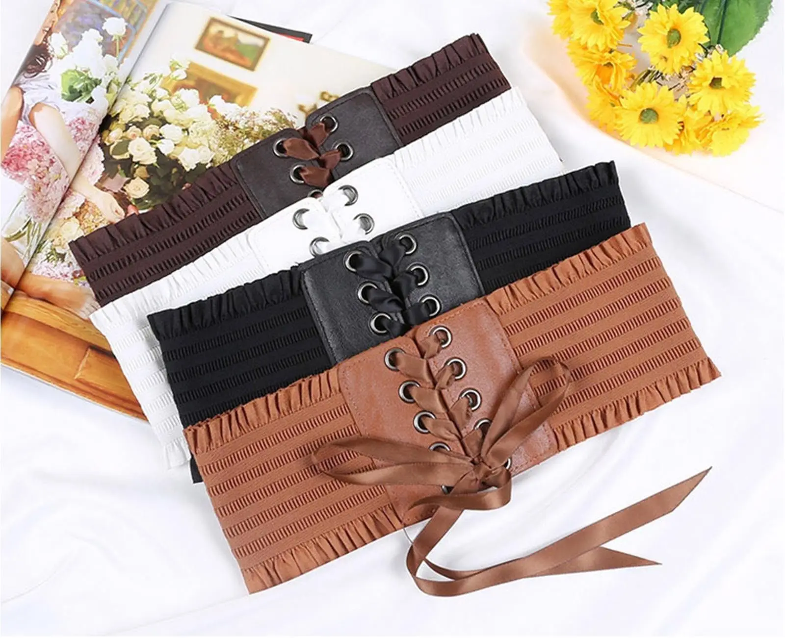 

MeiHuiDa 2018 New Style Fashion Women's Waistband Vintage Metal Flower Elastic Stretch Buckle Wide Waist Belt