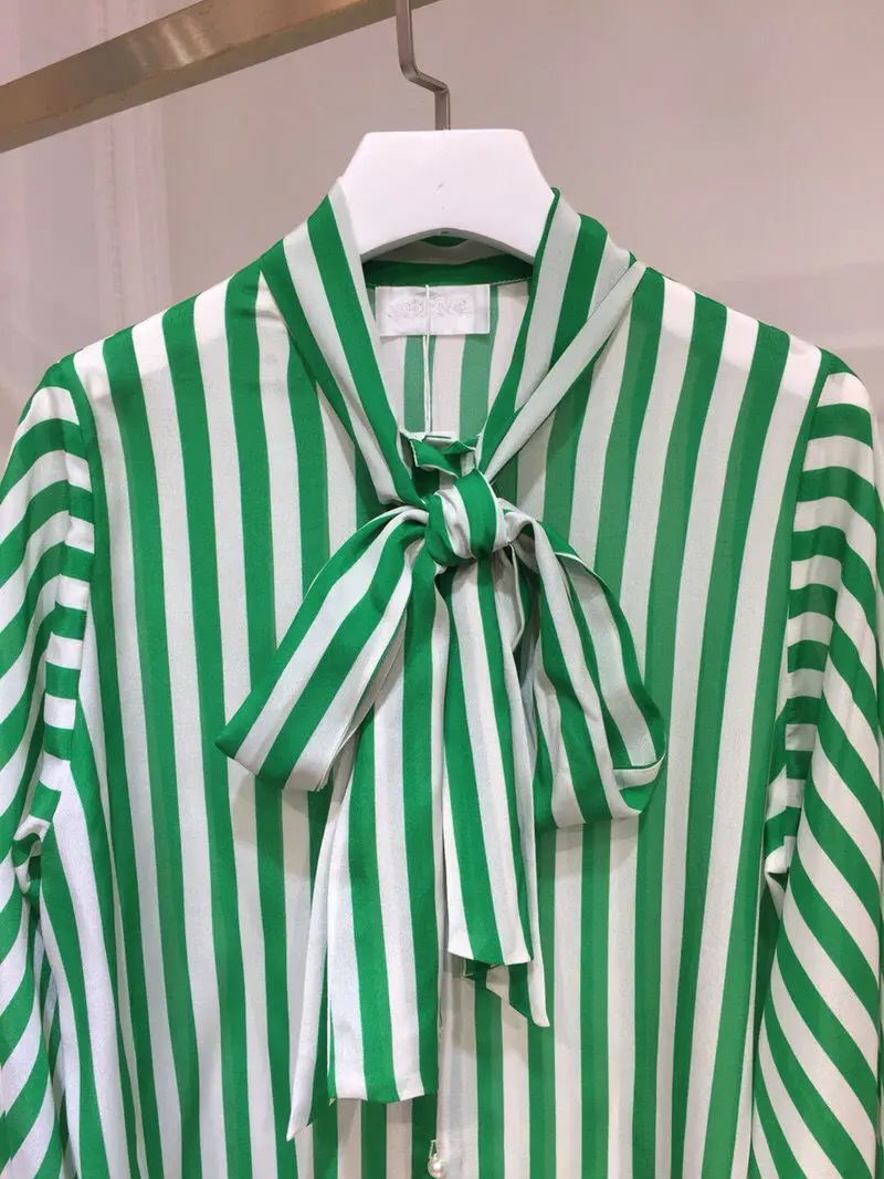 2019 new 100% silk striped lantern sleeve bow collar shirt 1 colour 3 sizes women Spring clothes | Женская одежда