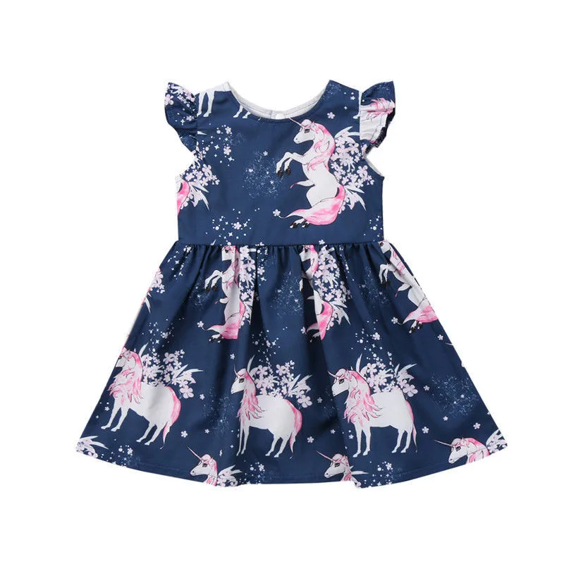 

Детское летнее платье с узором в виде единорога, цельное платье с рукавами-крылышками, Одежда для новорожденных девочек, 2019