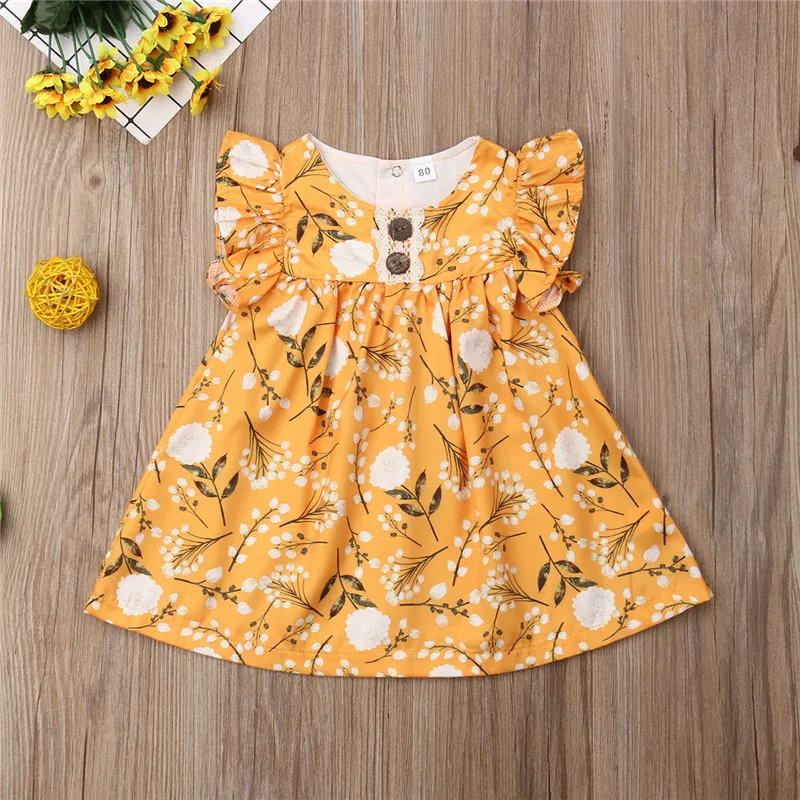 Casual Toddler Kids Baby Girls Floral Dress Ruffle Fly Sleeve Sundress Flowers Button Tutu Beach Girl Cotton Clothes 6M-3Y | Детская