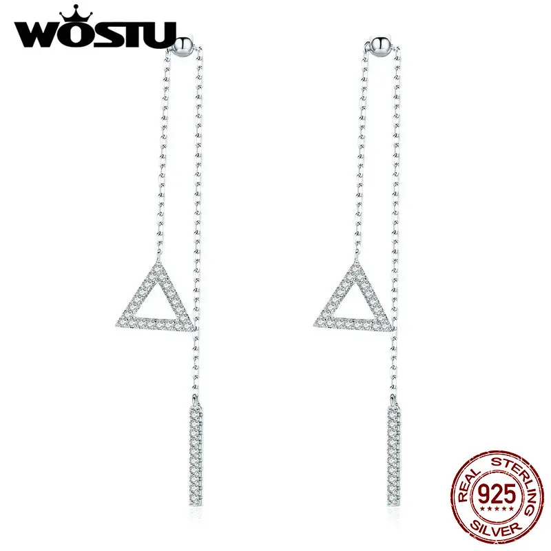 WOSTU, 925 пробы, серебряные, геометрические, треугольные, длинная линия, серьги для женщин, циркониевые Висячие серьги, свадебные, минималистичные ювелирные изделия CTE051
