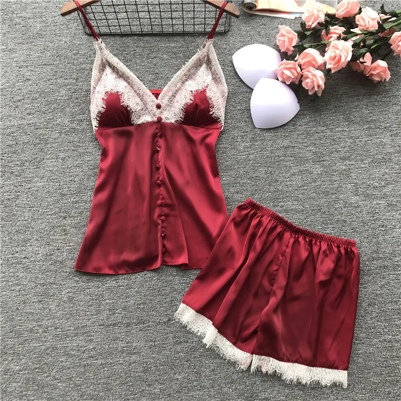 

Lisacmvpnel Spring New Lace Spaghetti Strap Women Pajama Set Ice Silk With Chest Pad Twinset Lingerie