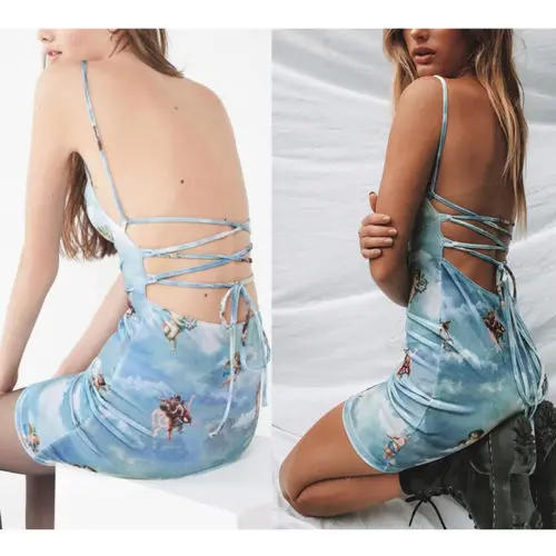 

Ladies Women's Sexy Backless Flower Dress Bodycon Sleeveless Bandage Lace Up Mini Dress Sumdress Clubwear