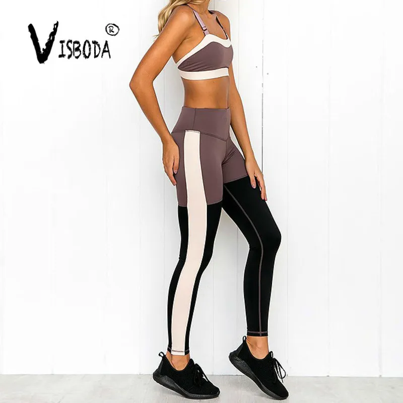 Women Fitness Suits Cropped Tank Workout Patchwork Top And Legging Pants 2 Pieces Set Summer Female Sexy Tracksuit Plus Size | Женская