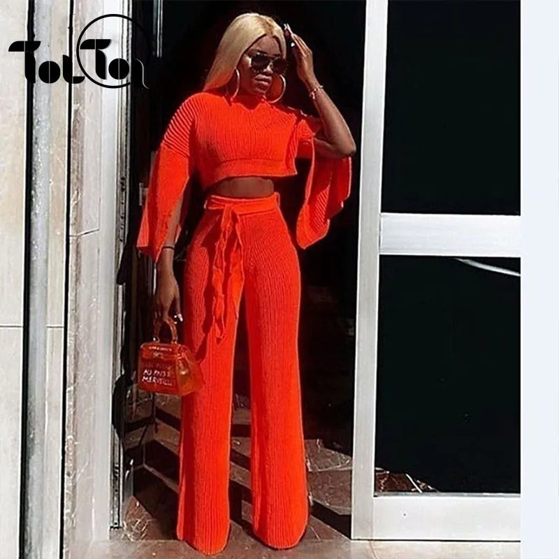 Женский вязаный костюм двойка Осенний теплый оранжевый свитер с длинным рукавом