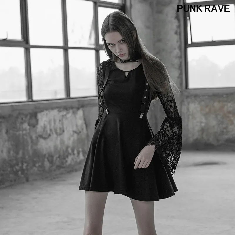 

Fashion Metal Buckle Design Slim sexy dresses Gothic Dark Lace Sleeves Hollow-out V Collar Fake Braces Dress PUNK RAVE PQ-391