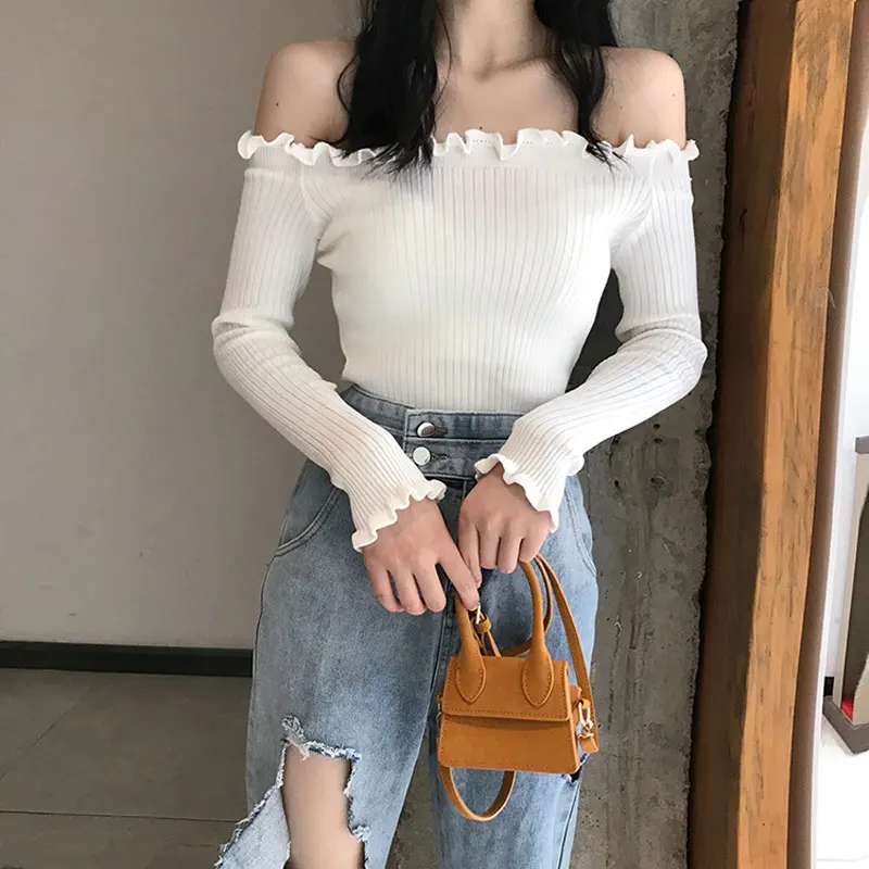 2019 женский свитер с длинными рукавами гофрированный вырез открытыми плечами