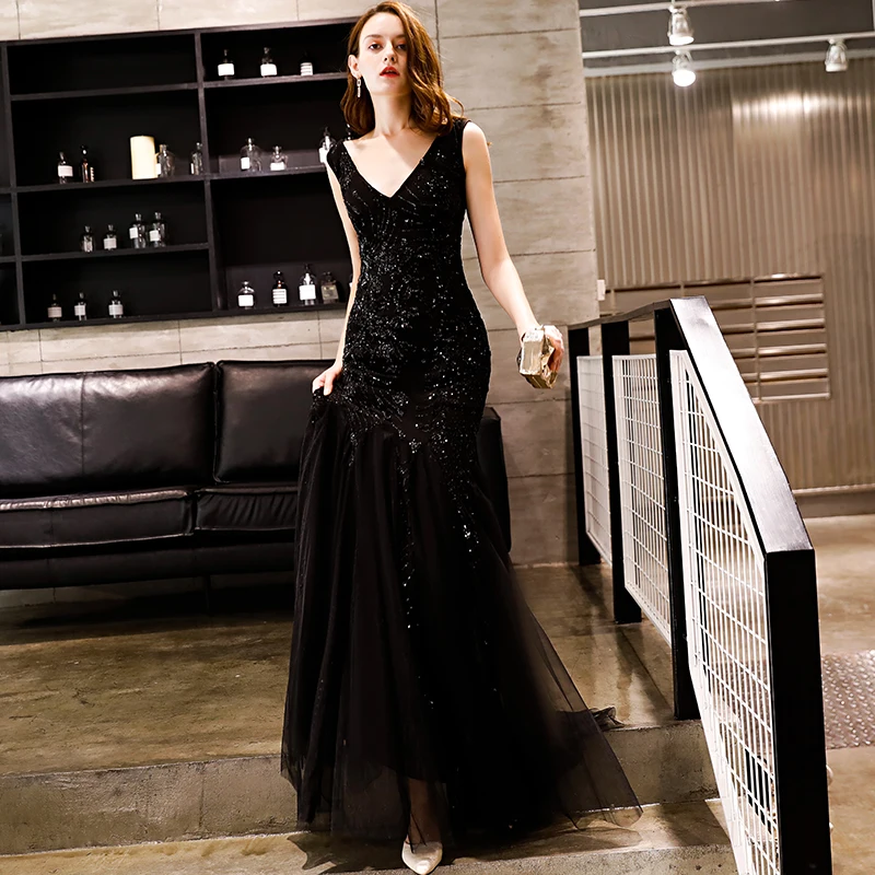 SSYFashion/Новое Сексуальное вечернее платье Русалочки с Черными Блестками в пол без