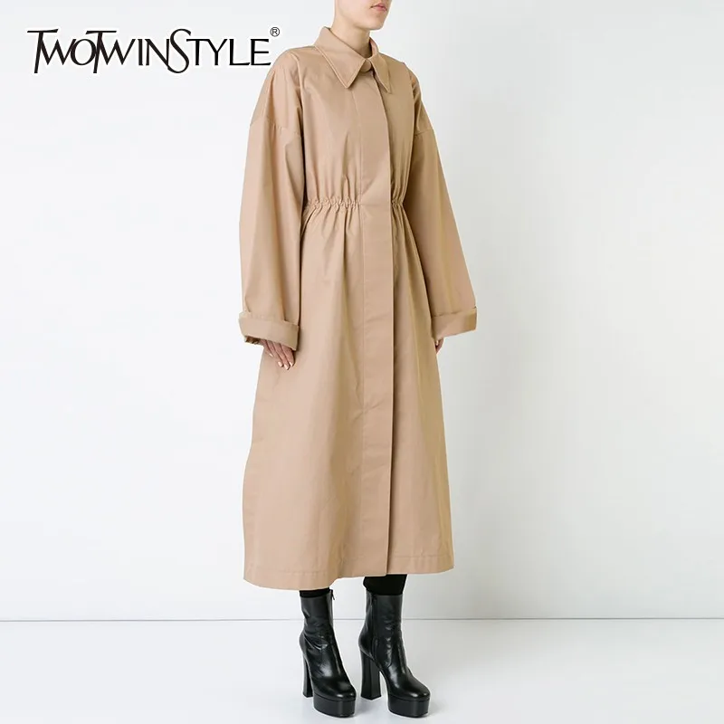 TWOTWINSTYLE хаки Тренч женский воротник с лацканами длинным рукавом Высокая талия