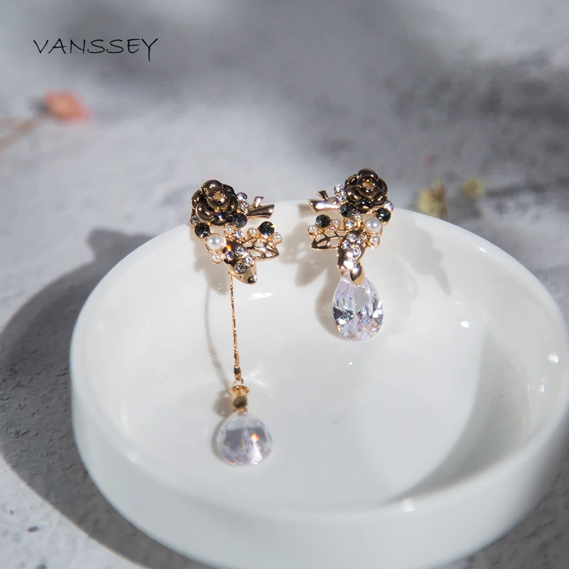 Vanssey винтажная мода цветок Камелия капля кубический цирконий Стразы ювелирные
