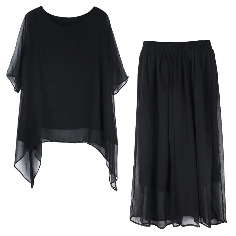 

2 Piece Set Women Short Sleeve Chiffon Blouse Elastic Waist Calf length Pants Summer Black Casual Loose Plus Size Sets XL - 4XL