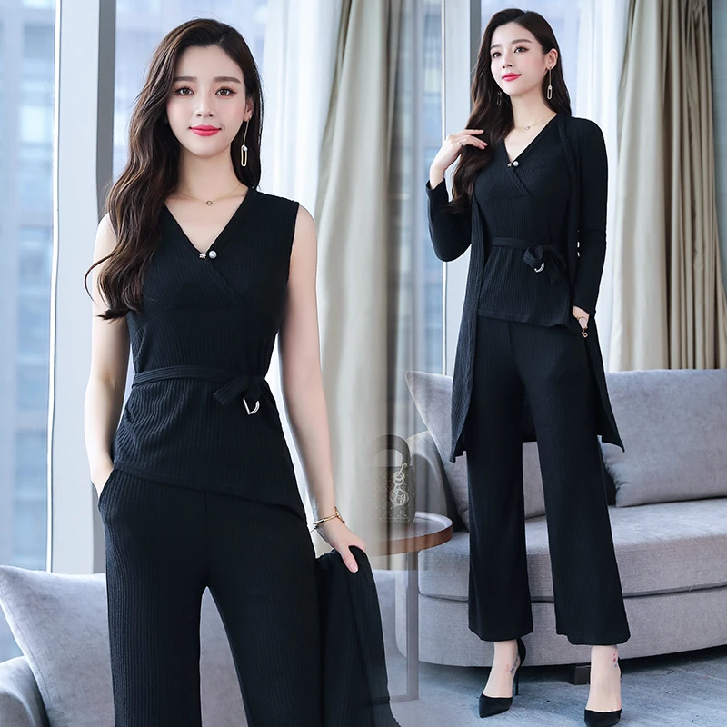 2019 Casual Tracksuit Women 3 Pieces Set Knitted Pullover Sweaters Tops Deep V-neck Long Sleeve Sweatshirt Pants Women's Sets | Женская