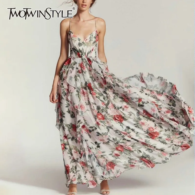 TWOTWINSTYLE Off Shoulder Backless Sexy Women Dress Sleeveless High Waist Bandages Ruffles Maxi Dresses For Female Fashion 2020 | Женская