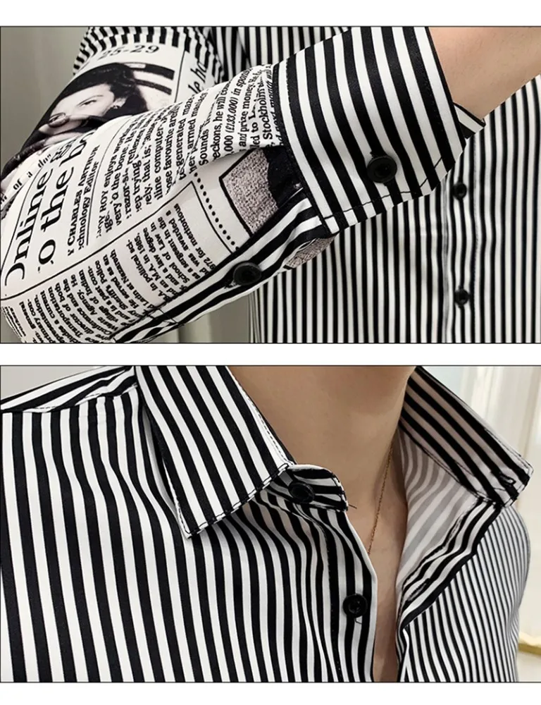 Корейский Роскошные полосы печати приталенная Мужская рубашка Camisa Masculina