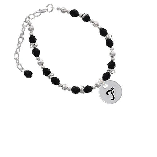Silvertone Large Script Letter - F 3/4'' Disc Black Beaded Bracelet |