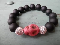 boho chic skull charm and pave gold beaded black agates stretch stacking bracelet