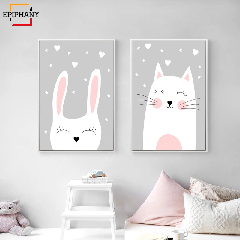 

Beer Bunny and Cat Nursery Wall Art Prints Cute Animal Posters Baby Kids Room Decor Canvas Painting Girl's Bedroom Pictures