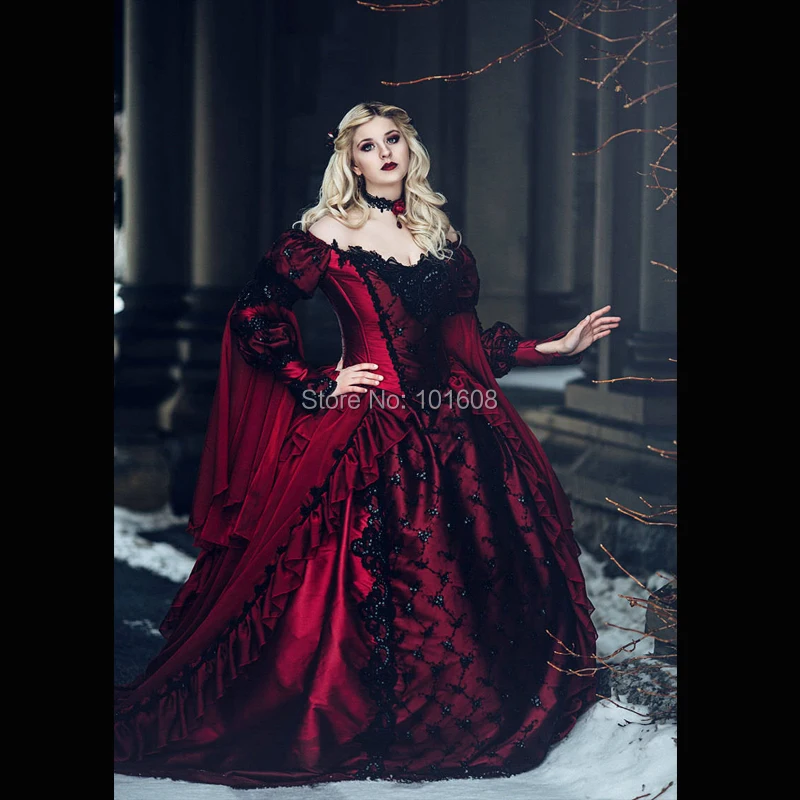 

New!Eras Red satin with Black Lace Witch Halloween Cosplay dress Colonial Georgian Renaissance Gothic Historical dress HL-479