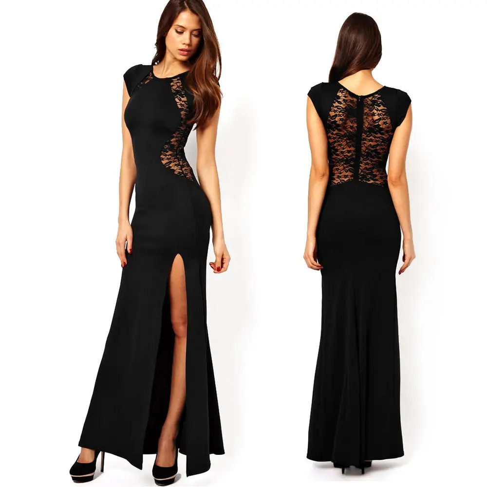 Sexy Women's Fashion Lace &amp Knitting Patchwork Back Waist Hollow Out Dresses Slim Side Slit Open Long Dress summer party | Женская