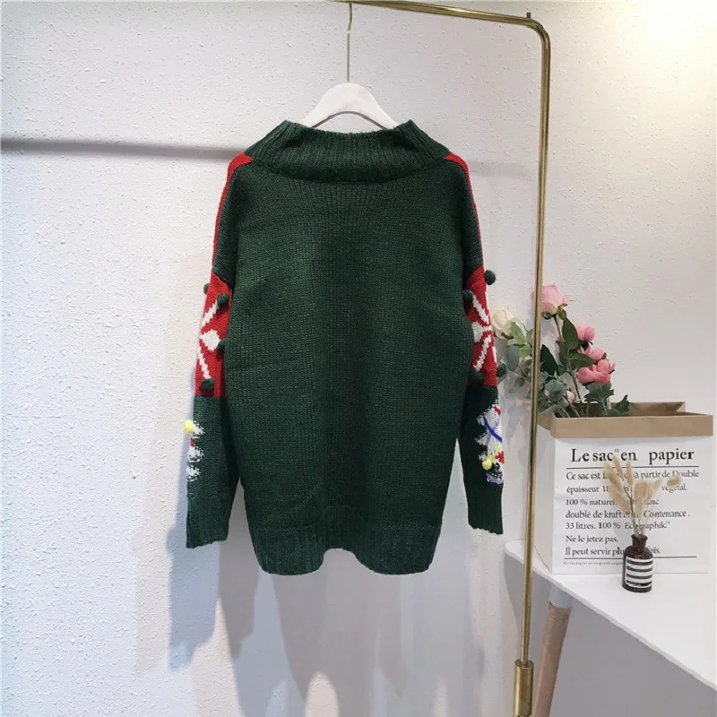 2018 Winter Christmas Women Green Print Sweater Pullovers Harajuku Streetwear Long Sleeve Female Knitted Jumper Tops Clothing | Женская