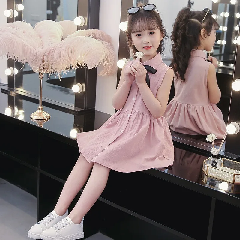 Bow School Children Dresses Kids Baby Shirts Summer Dress Girl Button Pink Blue Girls Teenagers Clothing Turn Down Collar 2019 | Детская