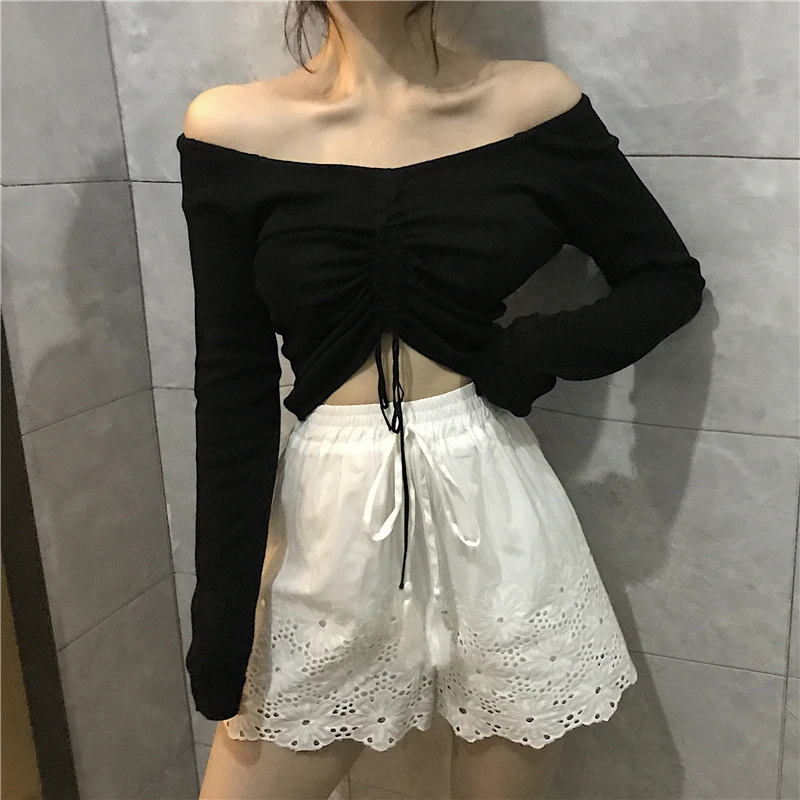 Ladies Sexy Sweaters Slash Neck Long Sleeves Knitted Tops Lace Up Clubwear Female Clothing Spring Autumn Pullover Sweater | Женская