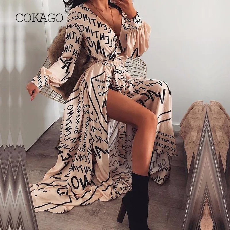 COKAGO Deep V Neck Long Dress With Belt Letter Print Sleeve Maxi Dresses For Woman High Split Plus Size Summer 2019 | Женская одежда