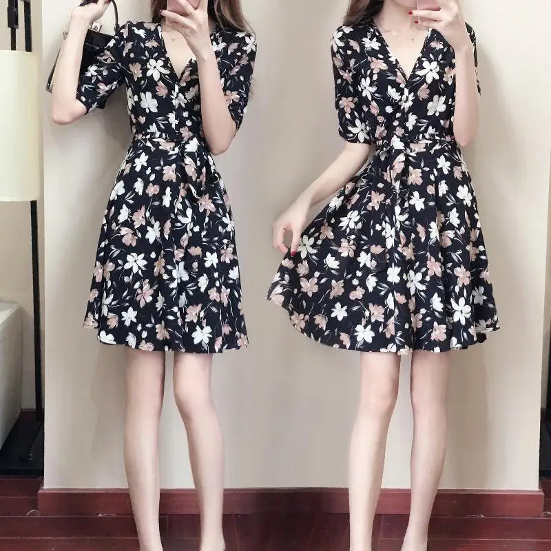 

MISSKY Women Girls Dress Loose Floral Printing Dress with Tight Waist Short Sleeve V Neck Female Clothes For Summer