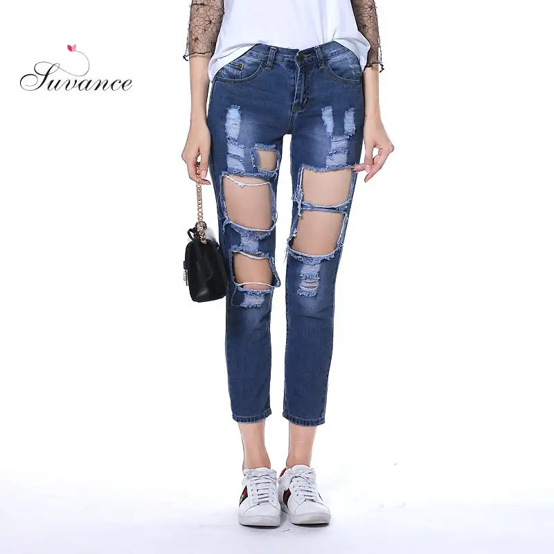 Suvance/свободные джинсовые джинсы с дырками 100% хлопок длина по щиколотку модные
