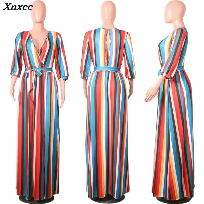 

Xnxee Rainbow Colorful Stripe Maxi Dress Women Off Shoulder Wrap V Neck 3/4 Sleeve Keyhole Back Side Slit Long Party Dresses