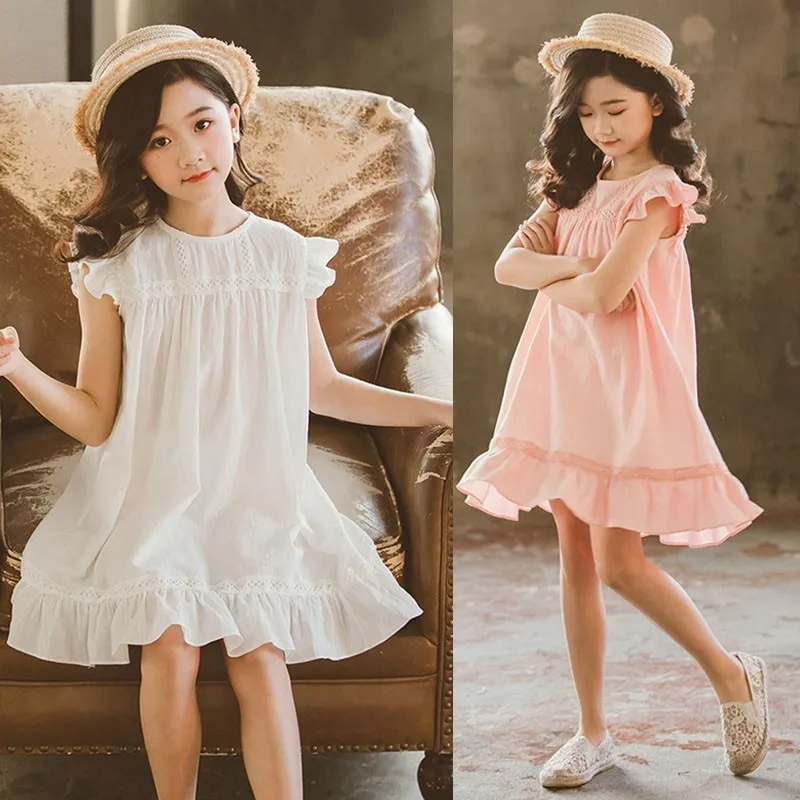 Teenage Kids Dresses For Girls Summer White Pink Party Toddler Girl Dress 2019 New Cotton Linen Holiday Children Clothing | Детская