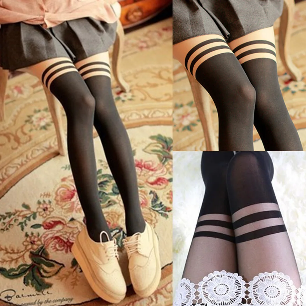 Breathable Bottoming Silk Thin Slim Tights 2019 Spring Striped Fake Thigh High Stockings Pantyhose Black Pantyhoses Hosiery | Женская