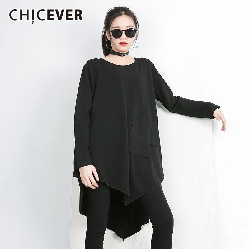 CHICEVER/Весенняя женская футболка с круглым вырезом и тонким подолом Длинная одежда