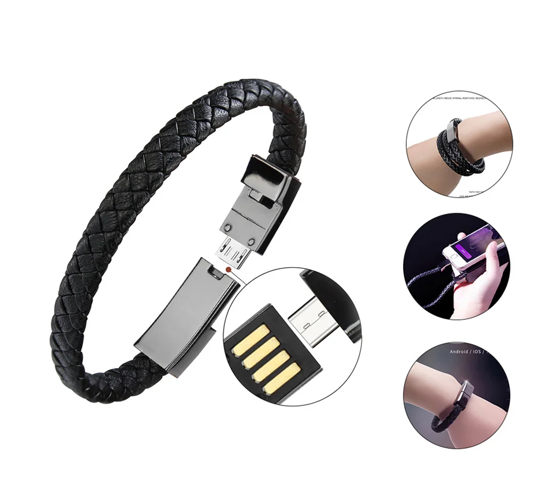 Горячее предложение настоящий кожаный Мини Micro USB браслет зарядное устройство