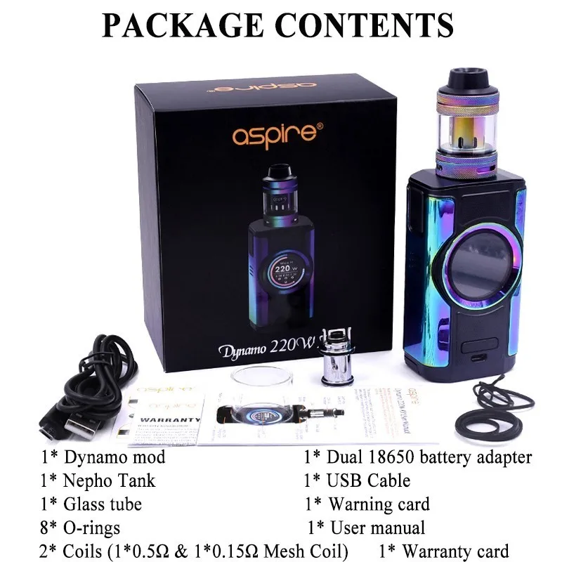 

Original Aspire Dynamo Vape Kit 220W Box Mod with 4ml Nepho Tank 510 Thread 2 inch TFT Screen Vaporizer Electronic Cigarette kit