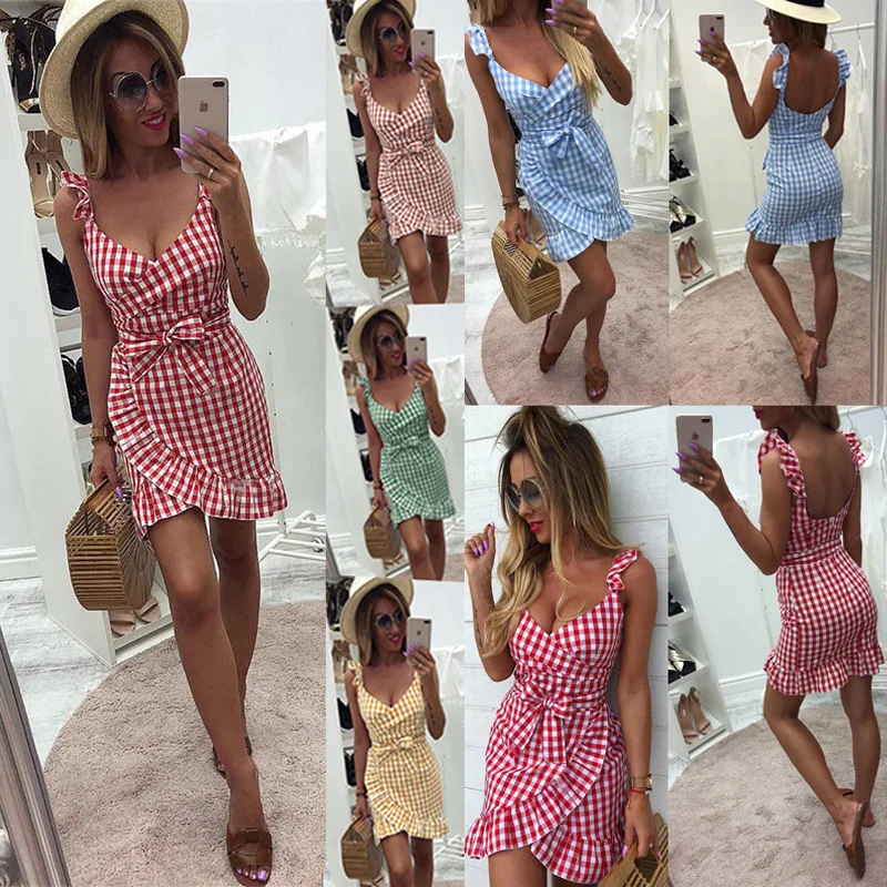 Summer Plaid Bow-knot Sleeveless Sweet Holiday Short Dress Backless High Waist Bandage Ruffle Party Dresses Vestiti Donna Ey* | Женская