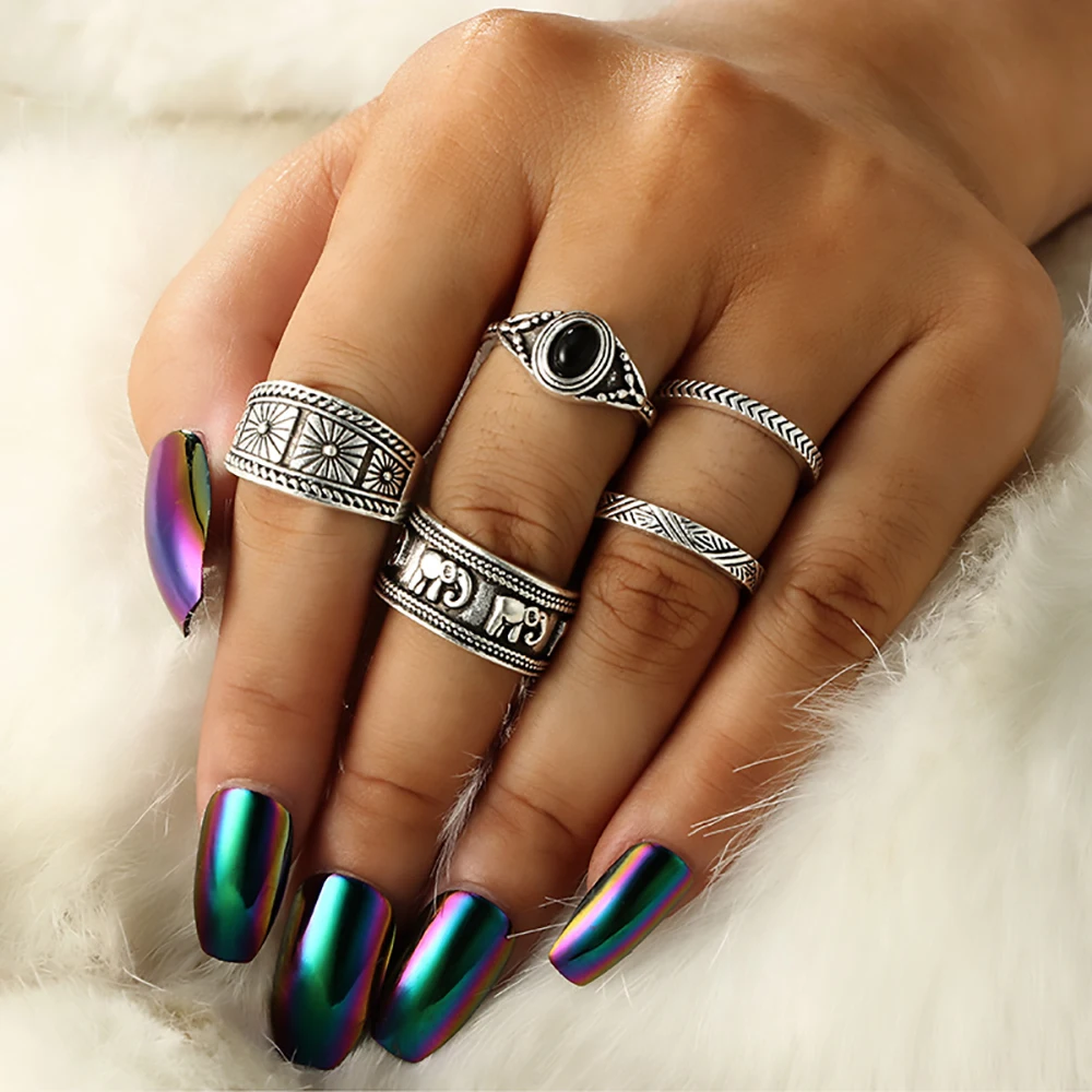 ProYearn Женские винтажные кольца Boho c черным камнем набор Штабелируемый колец на