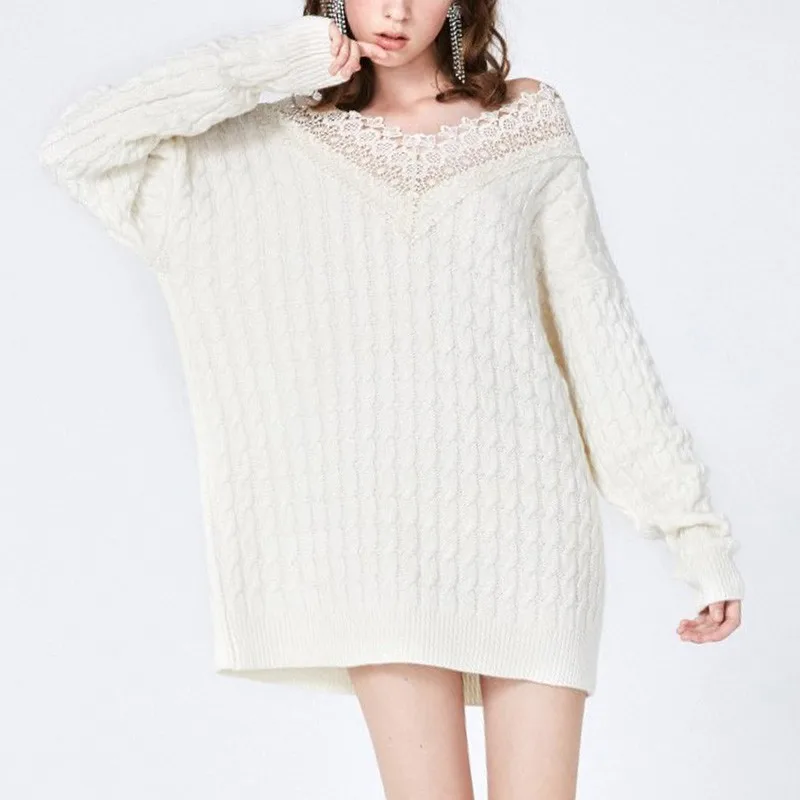 TWOTWINSTYLE Knitting Pullover Tops Female V Neck Patchwork Lace Long Sleeve Sweater Women Spring 2019 Korean Fashion Oversized | Женская